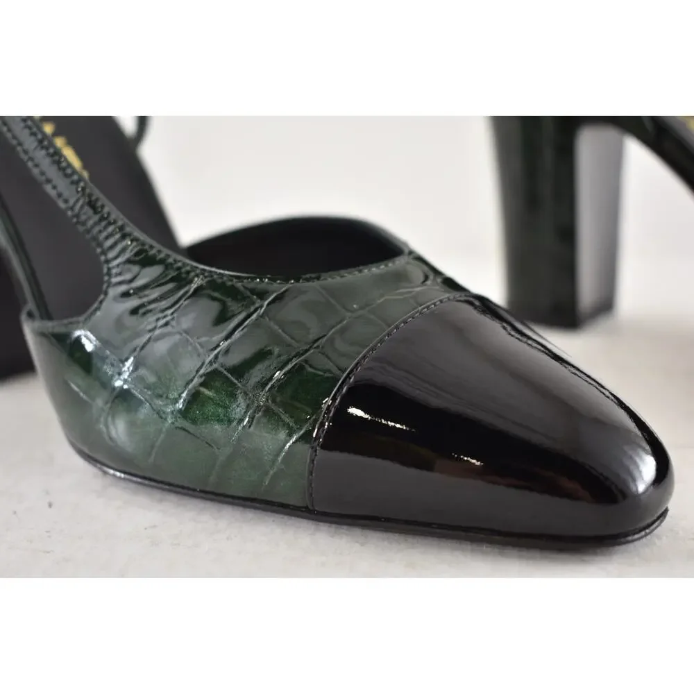 Chanel 26A Green Black Crocodile Croc Coco Sling Slingback Block Heel Pump 39.5c